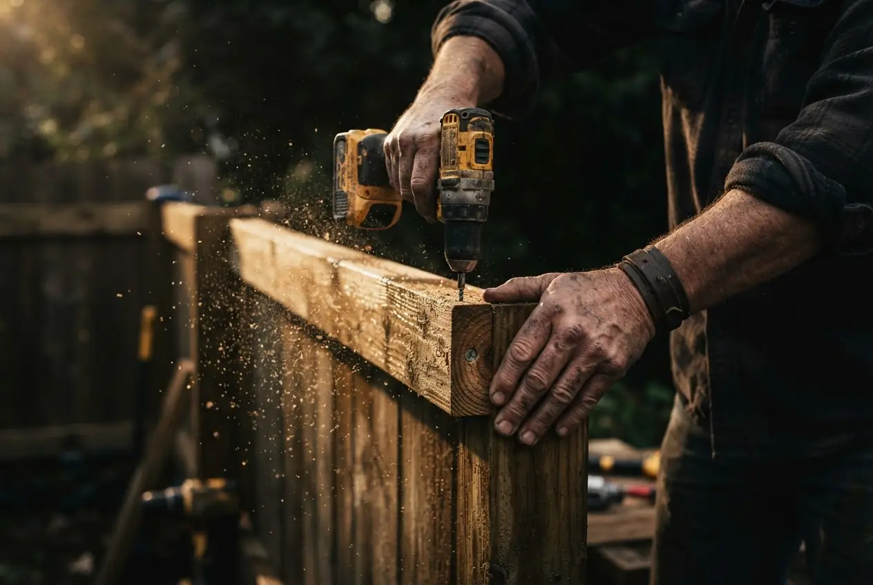 Fence builder fastening a rail to a pressure-treated post