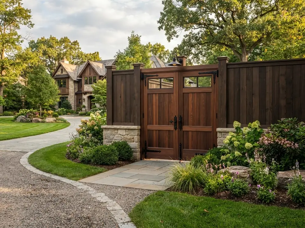 Custom wood double gate with black hardware