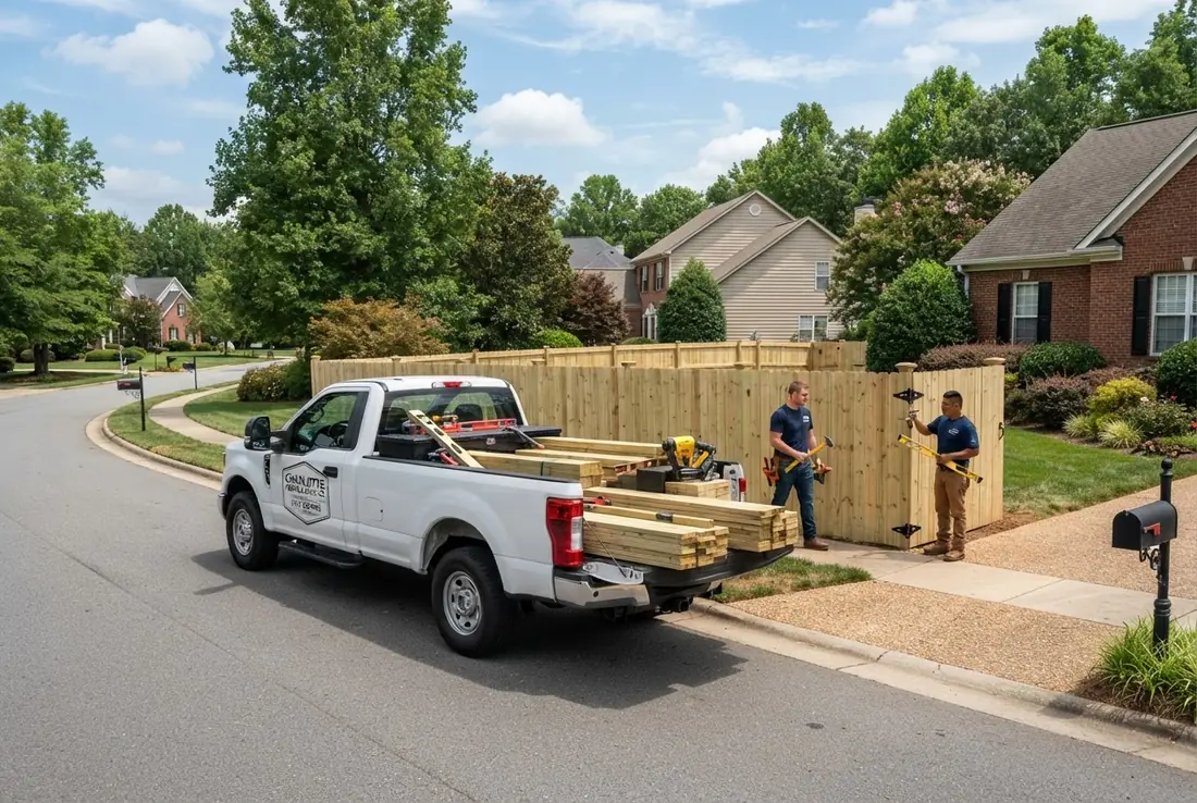 Shoemaker Fence Company work truck parked at a newly installed wood fence in Charlotte